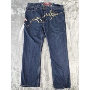 Y2K Ruthless Art Jeans Mens 40x31 Embroidered Baggy Grunge Artsy Logo Dark Wash